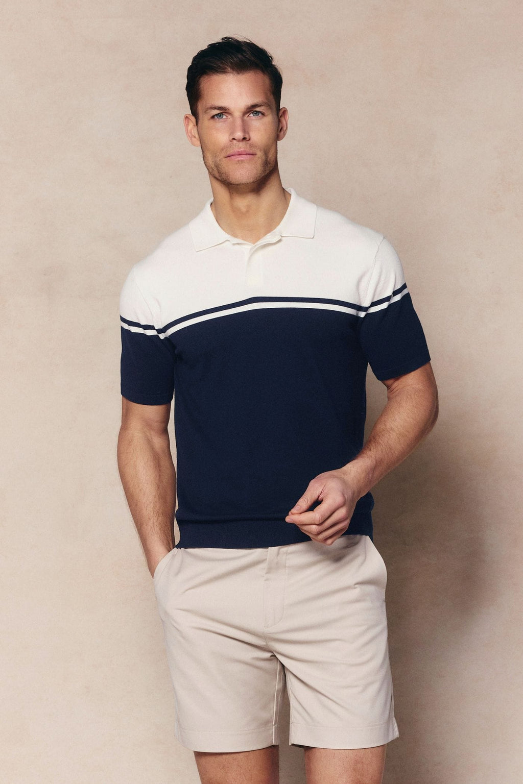 Vicolo Knitted Striped Block Polo SS - Ecru/Navy