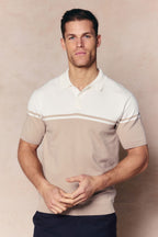 Vicolo Knitted Striped Block Polo SS - Ecru/Sand