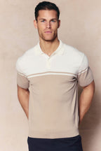 Vicolo Knitted Striped Block Polo SS - Ecru/Sand