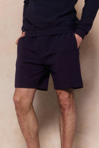 Zarco Navy Crinkled Jersey Short with relaxed fit, textured finish, and stretch fabric.